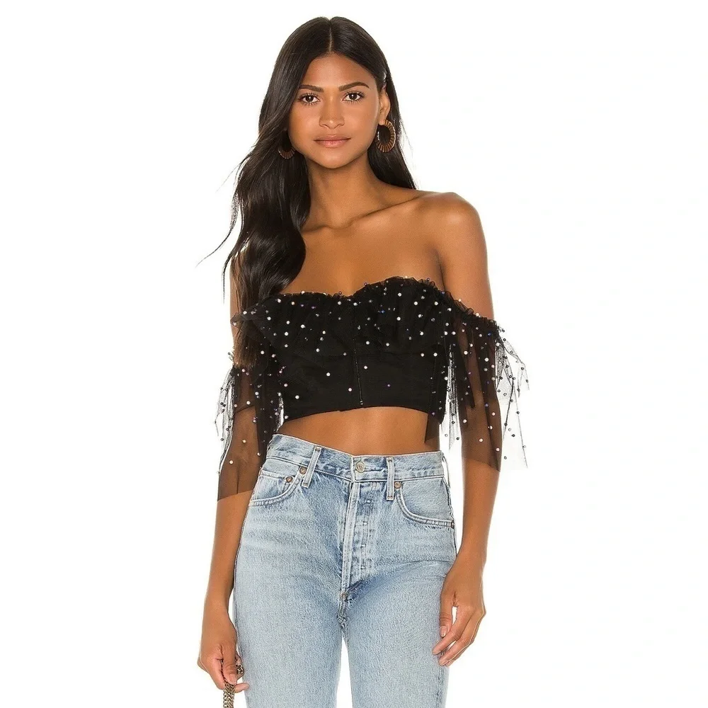 CAMILA Coelho Revolve Suza Crop Mesh Sleeve Top in Black Multi Pearl Dot Large - Picture 2 of 8